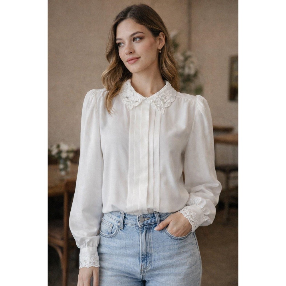 Karen Scott White Blouse Size‎ 14 Lace Collar Vintage Pleated Long Sleeve